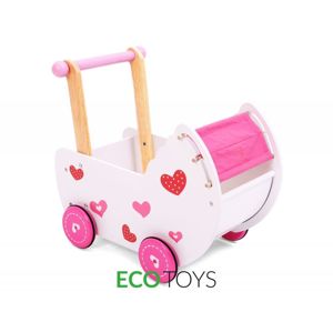 ECOTOYS Dřevěný kočárek pro panenky Eco Toys se srdíčky