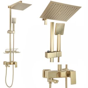 Sprchový set Rea JACK kartáčovaný zlatý - vanová baterie, dešťová a ruční sprcha, mýdelnička