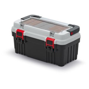 PlasticFuture Kufr na nářadí s kovovým držadlem, plastovými zámky a vnější přihrádkou s krabičkami TIMO šedý