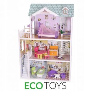 ECOTOYS Dřevěný domek pro panenky Rezidence Beverly Hills Eco Toys s panenkou Barbie