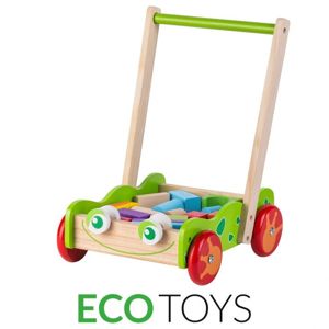 ECOTOYS Dřevěný vozík - chodítko Eco Toys s kostkami 20 ks